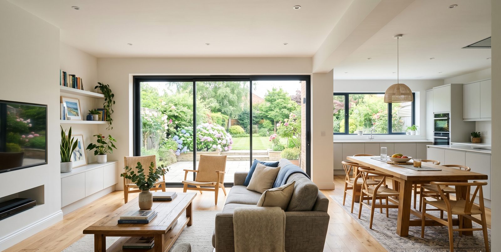 Open-plan living room and dining area with doors to a garden
