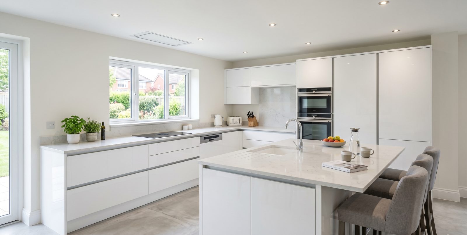 Fitted white kitchen with an island and integrated appliances